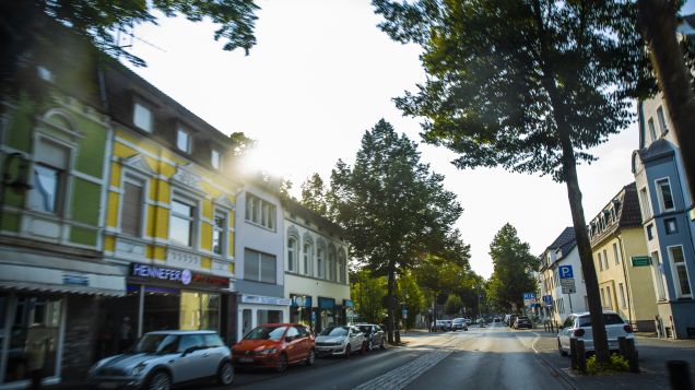 Straße mit Gebäuden auf der linken Seite. Vor den Gebäuden stehen Autos. Es sind Bäume am Straßenrand zu sehen. Die Sonne scheint. 
