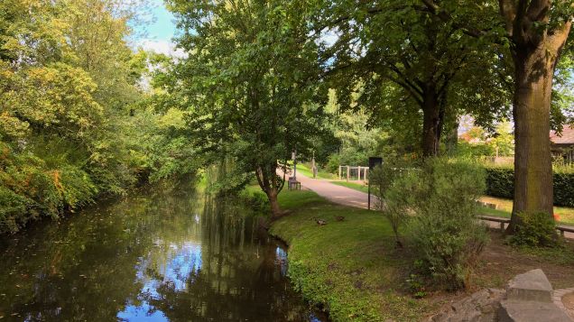 Bachlauf im Park neben einem Gehweg gesäumt von Bäumen und Büschen.