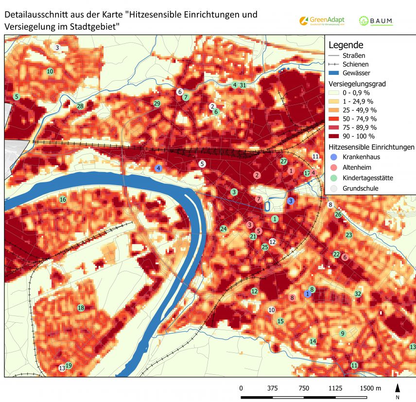 Ein Ausschnistt aus der Karte &quot;Hitzesensible Einrichtungen und Versiegelung im Stadtgebiet.