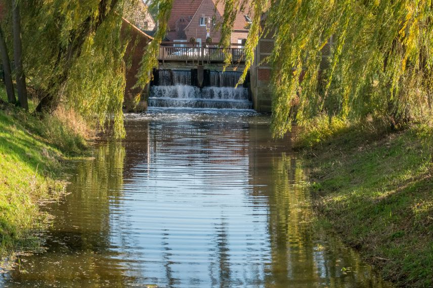 Wehr der Wassermühle in Heek-Nienborg (lizenziertes Stockfoto von Adobe) Ansicht auf ein Wehr, das von Trauerweiden umgeben ist