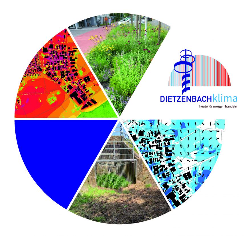 Titelbild Klimaanpassungskonzept der Kreisstadt Dietzenbach. Quelle: Kreisstadt Dietzenbach Zu sehen ist das Logo des Klimaanpassungskonzept der Stadt Dietzenbach. Das Logo ist kreisförmig und aufgeteilt in verschieden gefüllte Tortenstücke.