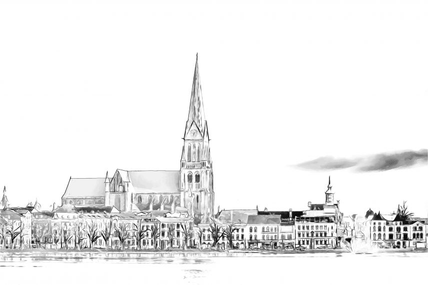 Zeichnung von Schwerin. Quelle: AdobeStock Fotos Zu sehen ist eine Zeichnung. Diese stellt die Totale einer Stadt von der Seite dar, mit einer Kirche mittig. Diese hat einen hohen Kirchturm.