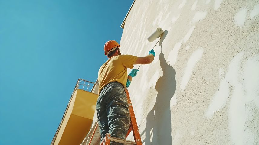 Fassadenerneuerung. Quelle: AdobeStock Fotos Zu sehen ist ein Maler, der auf einer Leiter steht und eine Wand mit einer Farbrolle streicht. Weiter hinten an der Fassade sind gelbe Balkone befestigt.