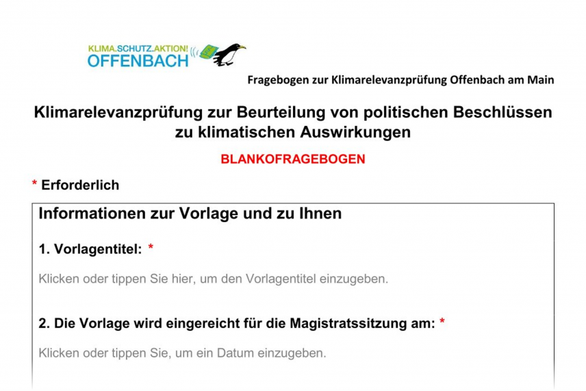 Fragebogen Klimarelevanzprüfung (Seite 1 Teil 1; Stadt Offenbach a. M.) Fragebogen Klimarelevanzprüfung (Seite 1 Teil 1; Stadt Offenbach a. M.)