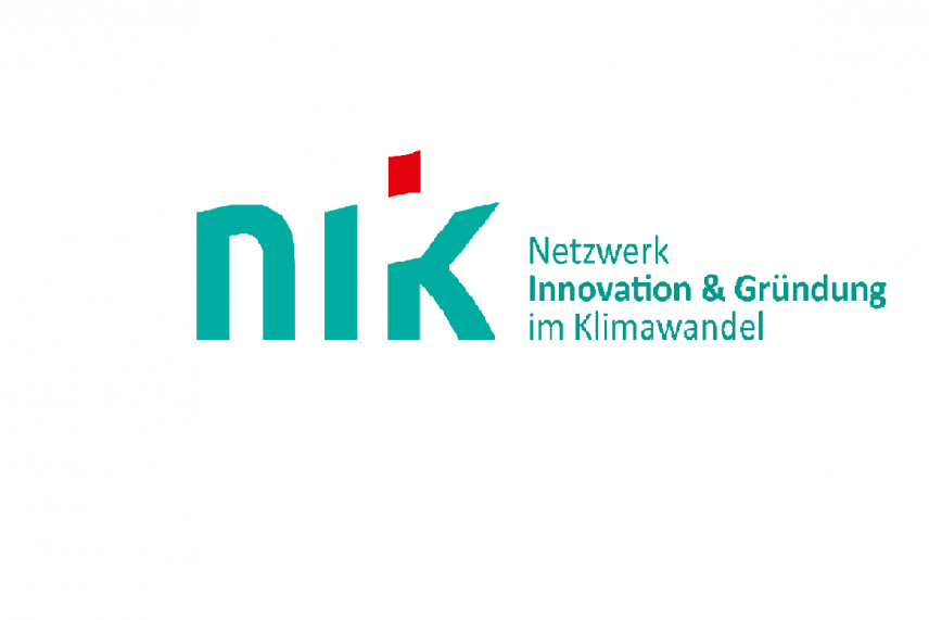 Logo nik. Links: Türkis in kleinen Buchstaben nik. Rechts: Netzwerk Innovation &amp; Gründung im Klimawandel auch in türkis.