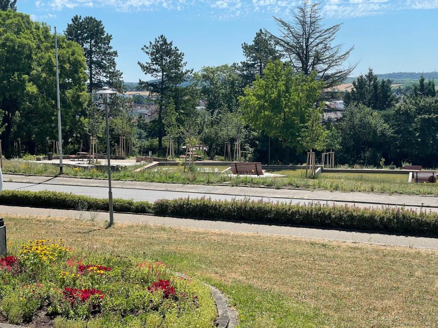 Neu angelegte Wege im Park. Quelle: Stadt Wiesloch. Parkanlage mit gemähter Wiese und neu angelegten, Wasserdurchlässigen Wegen.