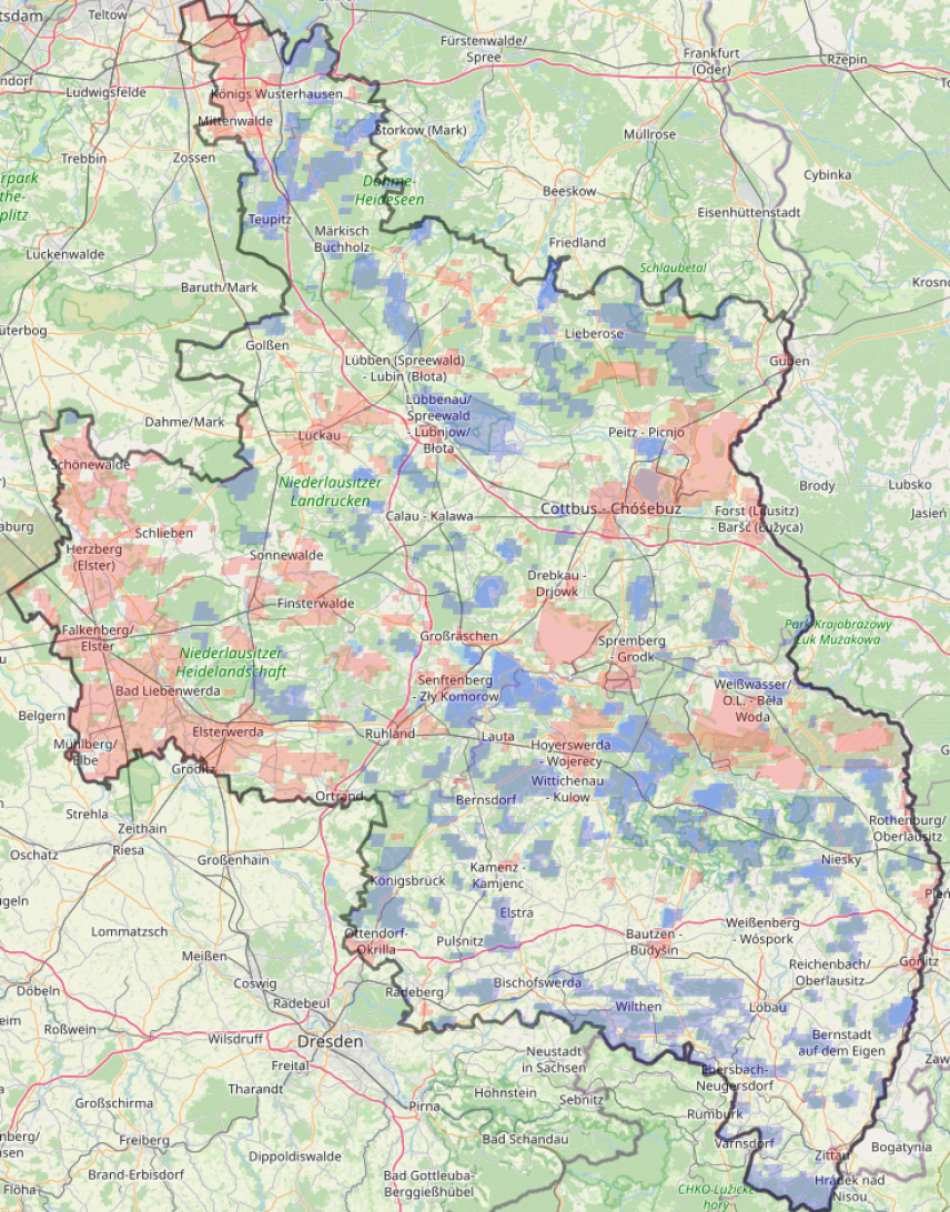 Karte mit heißen und kühlen Punkten in der Lausitz ausgearbeitet im Rahmen von KliBioTo, Kartenmaterial: OpenStreetMap © Konlavach Mengsuwan