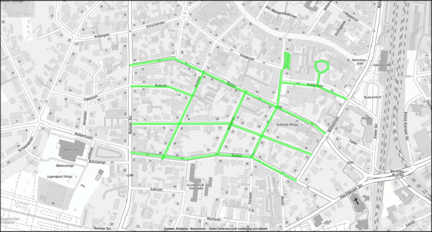 Graue Stadtkarte Solingen-Ohligs mit in grün markierten Straßen, die zum Projektraum gehören.