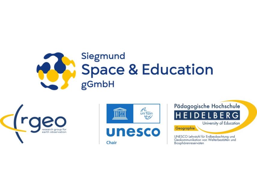 Logos in blau und gelb Tönen der Siegmund Space &amp; Education gGmbH und des rgeo der pädagogischen Hochschule Heidelberg.