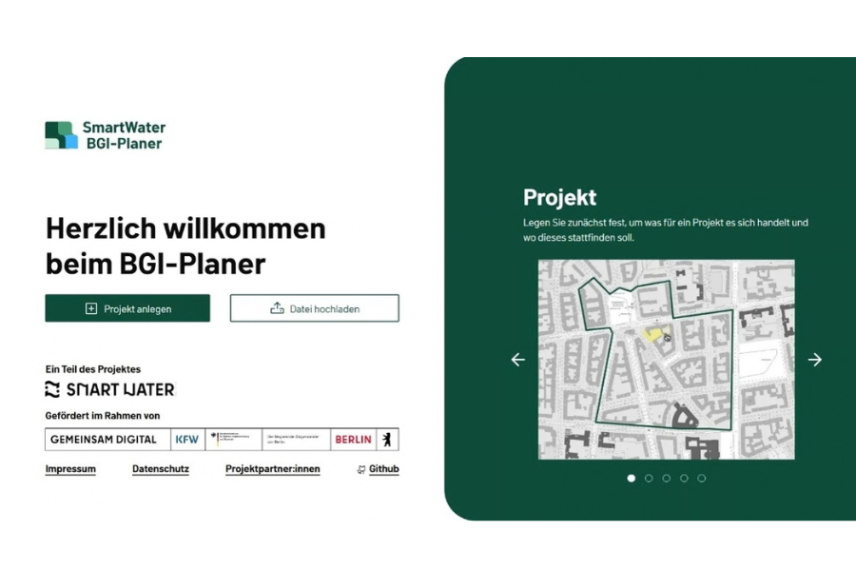 Startseite des BGI-Planers mit den Optionen „Projekt anlegen" und „Datei hochladen".