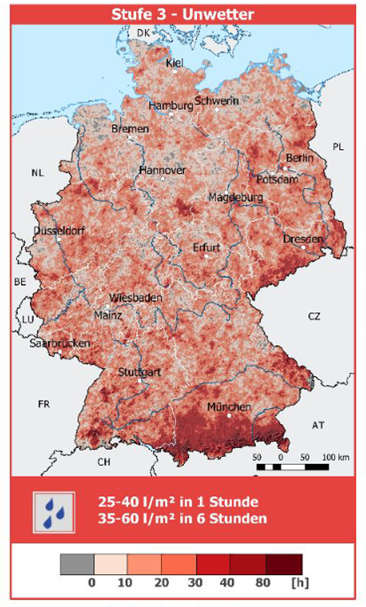 Gesamtanzahl der Niederschlagsstunden im Beobachtungszeitraum 2001 bis 2024 mit Überschreitung der Warnschwelle 3 